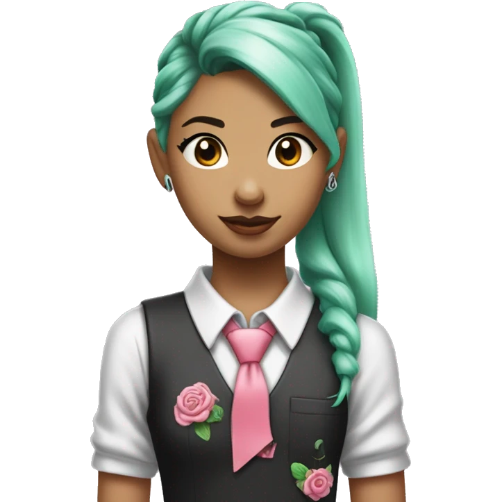 a girl with long mint colored twin ponytail wearing a sleeveless silver shirt, a mint colored tie, and a black flared arm sleeve with a red 01 tattoo on her left arm has a pink square with a black border running through each ponytail emoji
