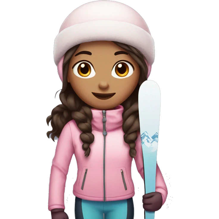 Light pink, snowy, ski girl with brown eyes standing with skis and dark brown hair emoji