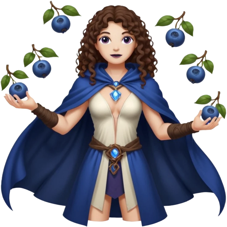 full body woman long curly brown hair brown eyes white skin tattoos muscular build blueberry forest mage cloak, glowing berry orbs floating emoji