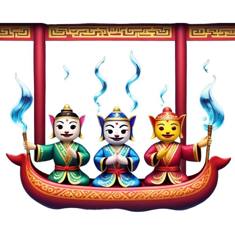 Cinematic Realistic Water Puppetry Emoji, depicted as a whimsical scene of traditional water puppets performing on a reflective water stage, rendered with vivid textures and dynamic playful lighting that captures its enchanting charm. emoji