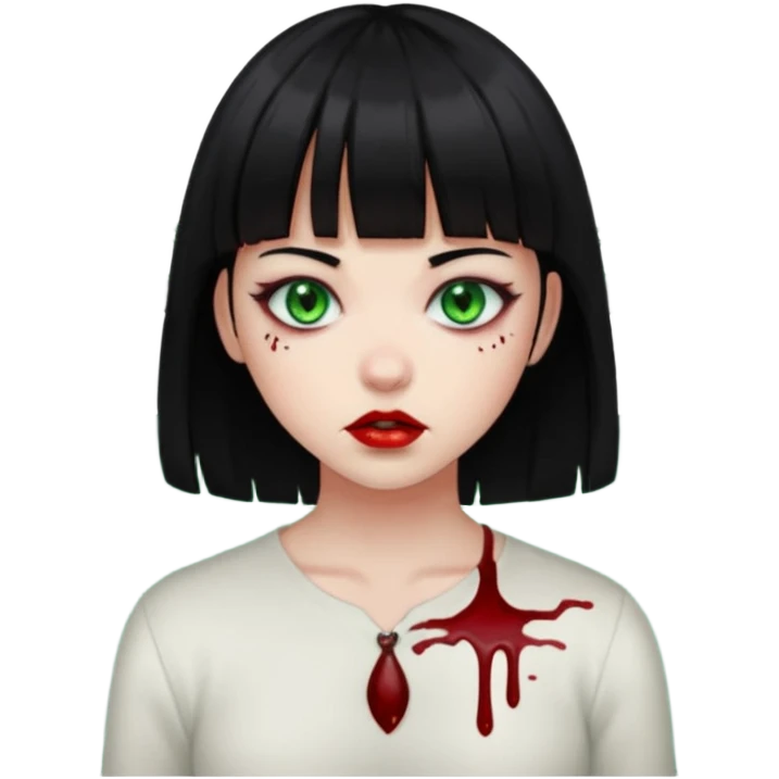 Guria com cabelo preto franjinha sangrando olhos verdes  fundo preto e um piercing bridgepiercing emoji