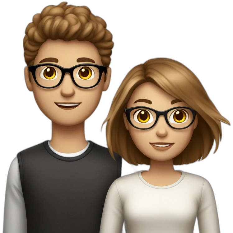 italian young cool couple brown hairs and white skin, the boy with rounded glasses, the girl is a model without glasses emoji
