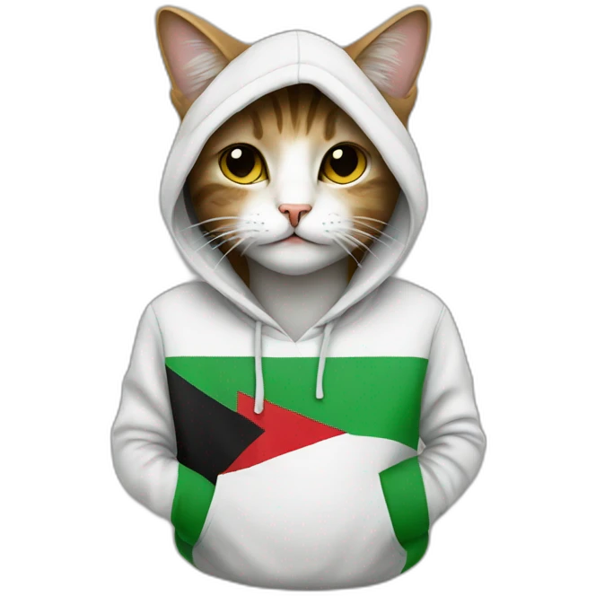 a cat wearing a hoodie with Palestinian flag emoji