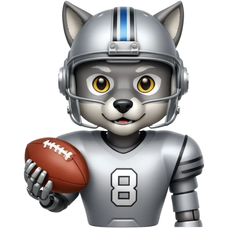robotic wolf with digital eyes wearing football helmet and jersey emoji