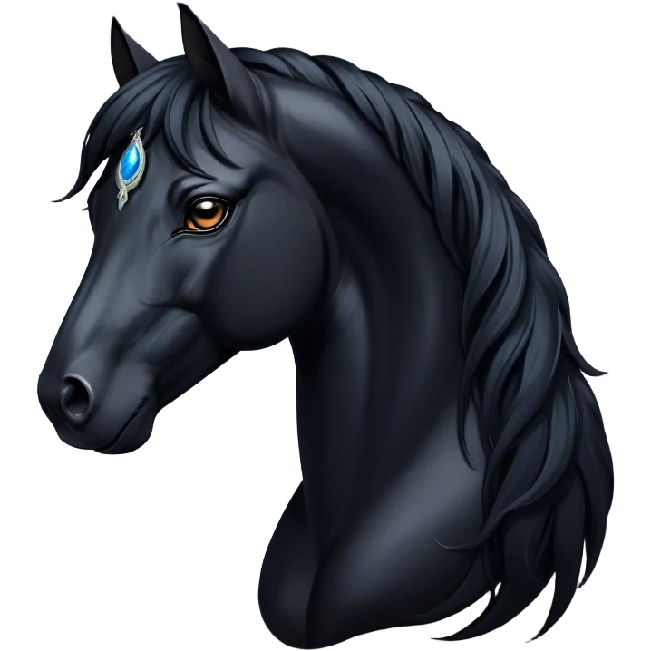 Cinematic Elegant Black Horse Portrait Emoji, Head held high with a serene, powerful gaze, showcasing a magnificent jet-black fur with a radiant, glossy finish, a flowing mane and tail, and piercing dark eyes exuding beauty and strength, Simplified yet majestically refined features, highly detailed, glowing with a soft, ethereal light, high shine, poised and breathtaking, stylized with an air of pure elegance, capturing the essence of a stunning and graceful steed, so beautiful it feels like it could gallop out of the screen with effortless charm! emoji