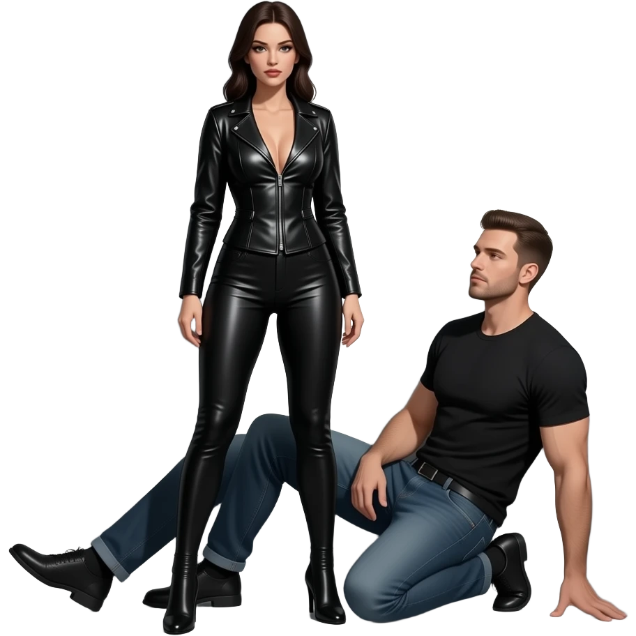 Cinematic photo of a dominant woman in leather standing over a submissive man in a moody, dimly lit room; dramatic shadows, sharp power dynamic, role reversal, 8k resolution emoji