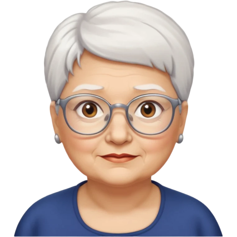 Create me emoji of an old mid-fat lady. Short white hair to left side. Square glasses. Brown eyes. No earings emoji