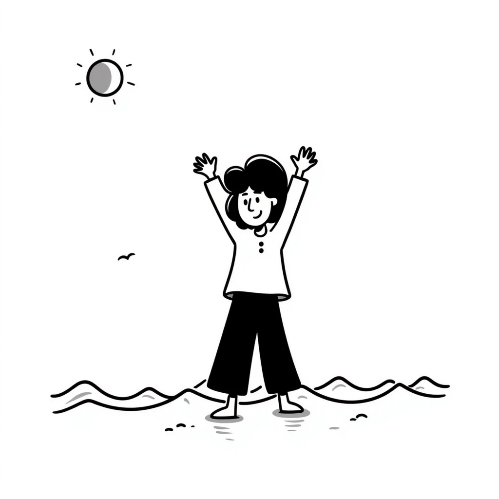 Whimsical character dancing with arms up on beach, sunshine highlighting their silhouette, playful tralalala mood, ocean waves emoji