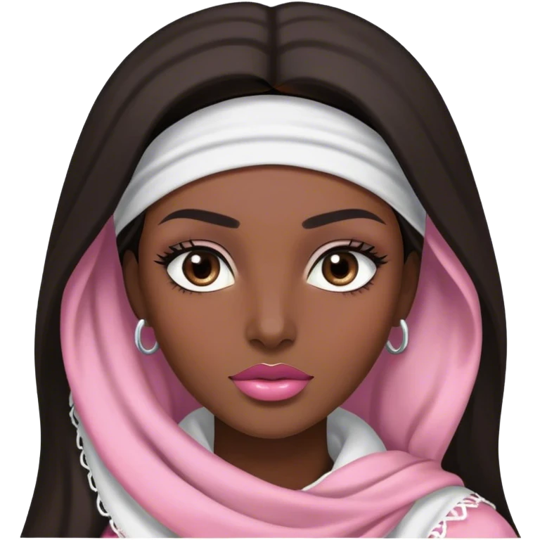 A woman with long, dark hair wears white keffiyeh, giving her a graceful and cultural look. Her makeup is well-done, with defined eyebrows and soft pink lips, enhancing her striking features. The dim lighting and blurred background create a warm, intimate atmosphere. emoji