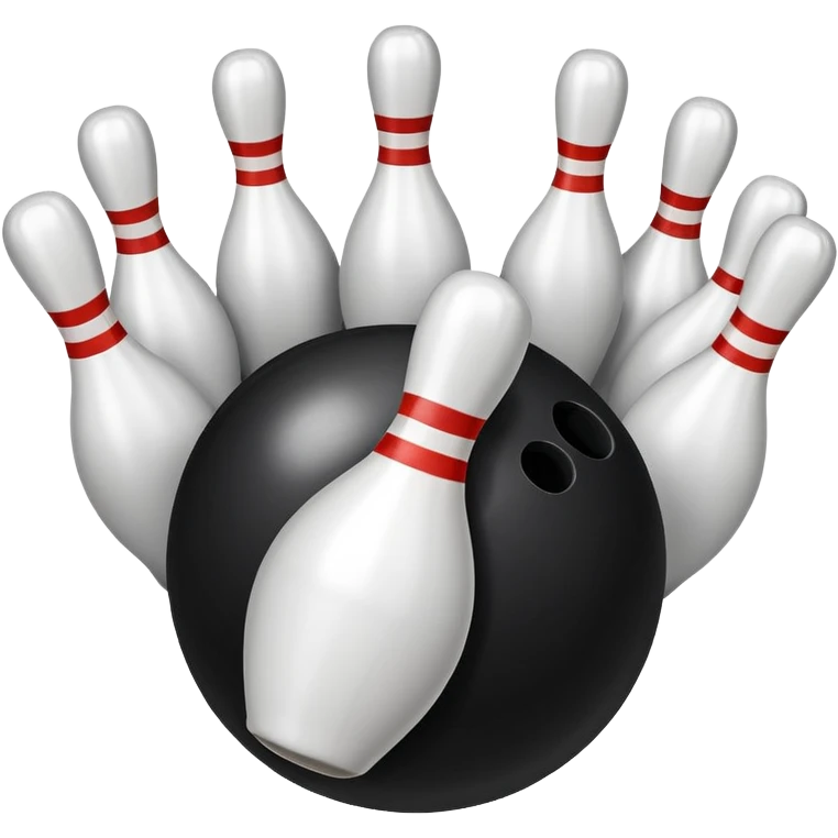 A bowling ball rolling down the lane towards a set of pins, with the pins poised to fall. The scene is set in a bowling alley with bright lights and a polished wooden floor, capturing the excitement and precision of the sport. emoji