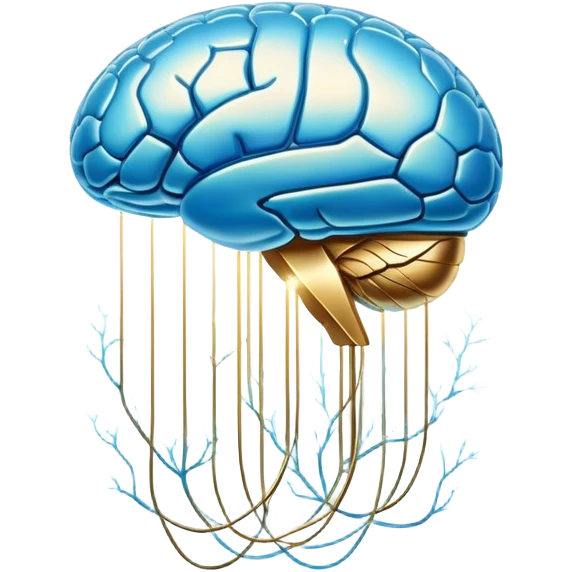 Shimmering pearlescent blue capsule floating in the foreground with an ethereal, glowing brain positioned behind it. Golden neural connections illuminate the brain. A small liver symbol nearby, all surrounded by a mystical aura of mental clarity emoji