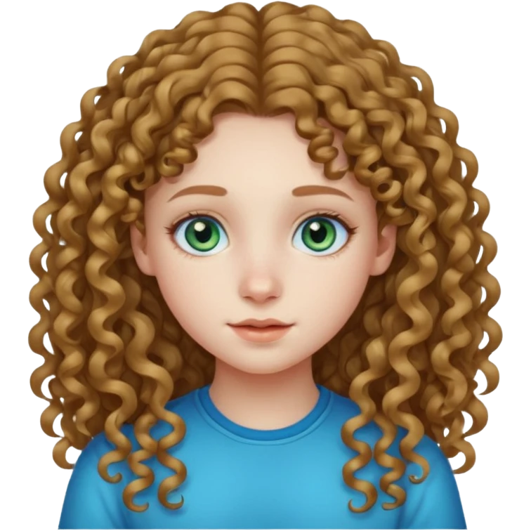 A teenage girl with curl longgg hair and a middle part with blue green eyes and a small nose with pale skin emoji