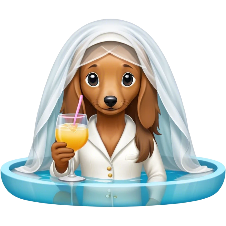 Long haired dachshund wearing wedding veil next to pool and holding a cocktail emoji