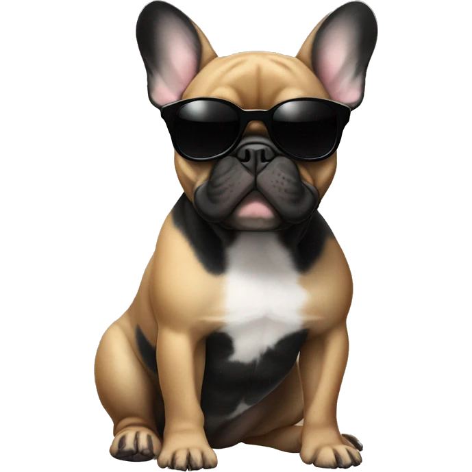French bulldog with black body and ears and tan paws and belly with sunglasses emoji