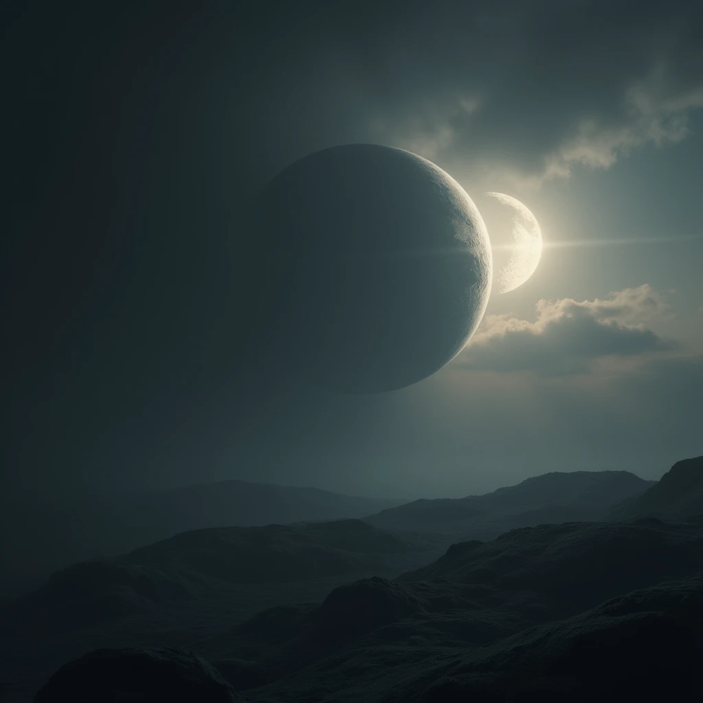 photorealistic image of a distant planet with a dystopian sci-fi atmosphere, dramatic crescent shadow, dark and moody space background emoji