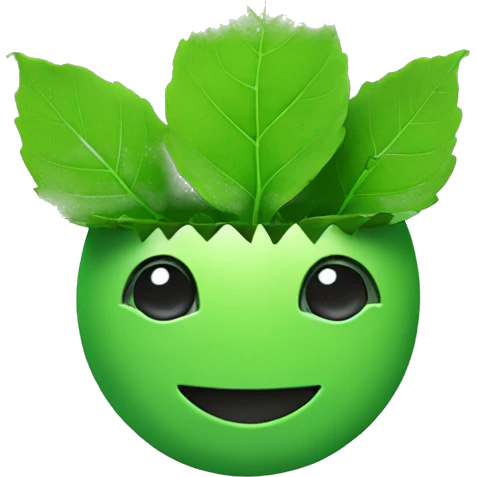 a green friend smiling :) robot with a leaf sticking at out of the top of his head emoji