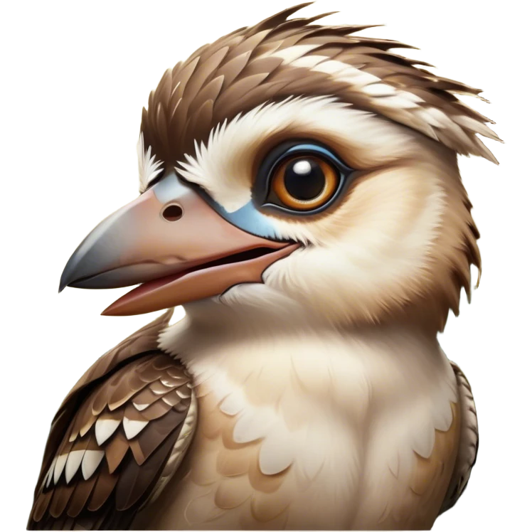 Cinematic Comical Kookaburra Portrait Emoji, Head tilted dramatically with an exaggeratedly amused expression, featuring a strikingly patterned brown and cream plumage with wide, expressive eyes filled with playful disbelief, Simplified yet hilariously expressive features, highly detailed, glowing with a slightly sassy glow, high shine, dramatic yet playful, stylized with an air of cheeky bushland mischief, bright and endearing, soft glowing outline, capturing the essence of a spirited and over‐the‐top kookaburra, so meme‐worthy it feels like it could cackle its way into internet fame instantly! emoji