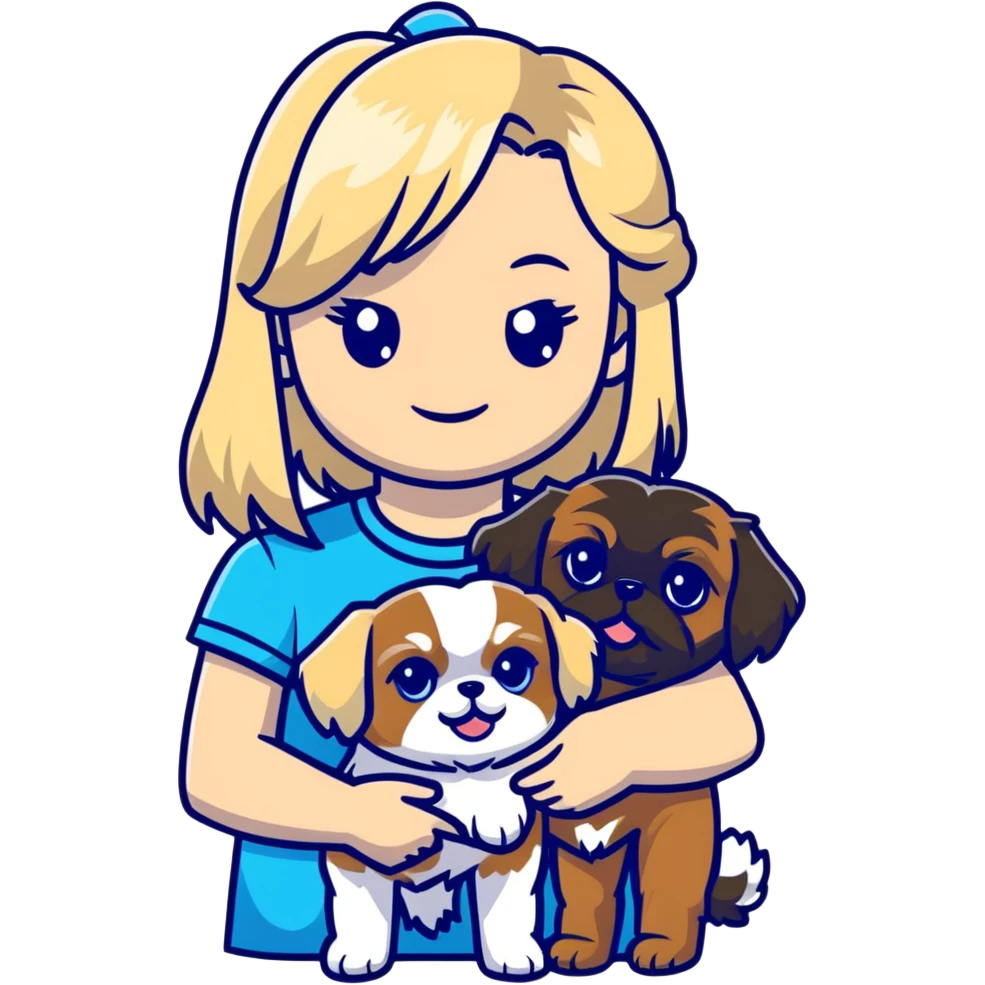 White blond girl with long hair and blue eyes holding a small female shih tzu dog emoji