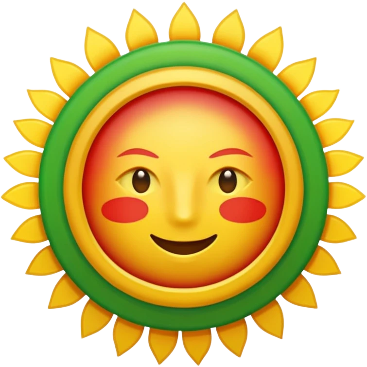 A flat emoji-style icon with three horizontal stripes: red on top, white in the middle, green on the bottom. A bright golden sun in the center with exactly 21 evenly spaced rays. Simple shapes, bold colors, no text, no gradients, transparent background, clean system-emoji look. emoji