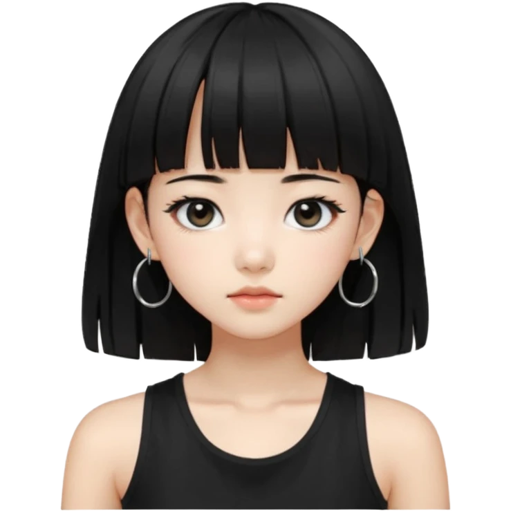 Korean girl, black tank top, black hair, black eyes, layered hair, cool girl, aesthetic, long hair, hime cut, blunt bangs, small silver hoop earrings emoji