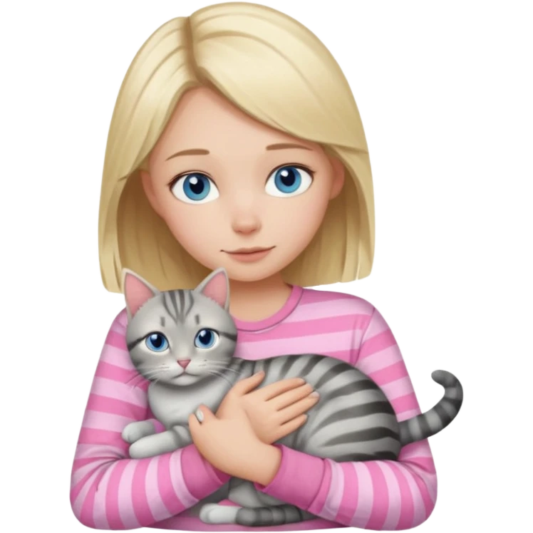 Blonde girl with blue eyes in pink shirt cuddling with grey tabby cat with dark grey stripes emoji