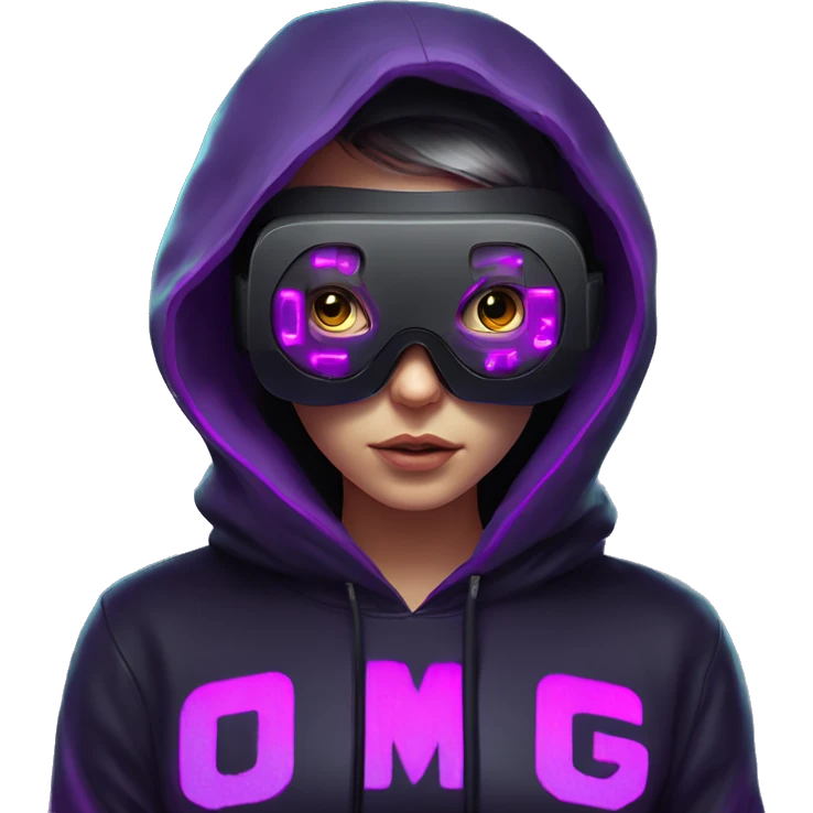 Russian girl wearing black hoody with violet letters "OMG", in vr headset. Cyberpunk style. Violet neon. emoji