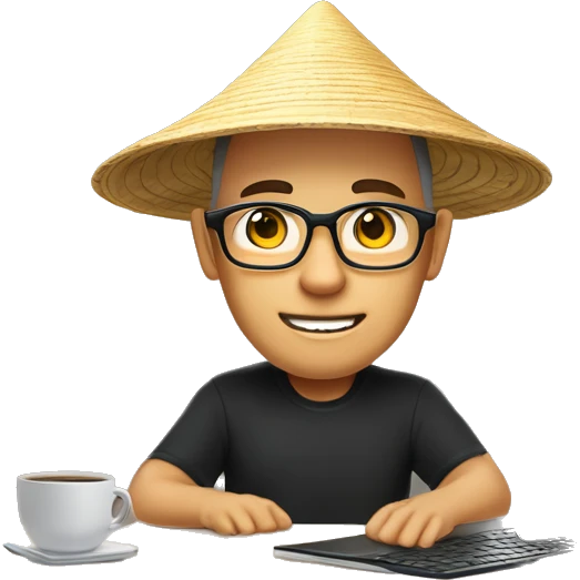 A memoji-style man, wear nearsighted glasses, a traditional Vietnamese conical hat , black shirt, sitting at a desk, a cup of coffee on desk, typing on keyboard, laptop with a logo styled as '</>' in front front emoji