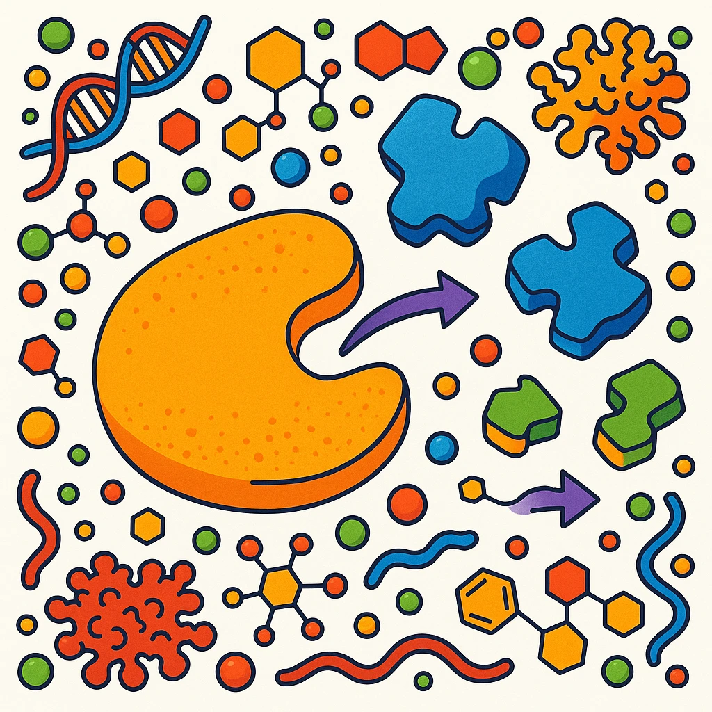 Ultra-detailed scientific illustration  (like in a school book) of enzyme digestion. Macro molecular view, clean white background, no text, no human figures or cartoon characters. Purely biological focus and really detailed and surrounding emoji