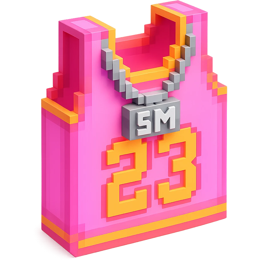 светящейся розовая баскетбольная майка с надписью "23" и серебряная цепь с надписью "SM", no background emoji