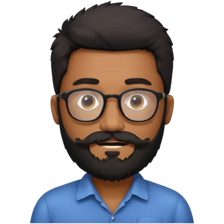 Indian software developer with beards and specs, with few white hairs in mostly black beard and hair. Hair fluffy and back brushed. Mustache and beard not neatly done emoji
