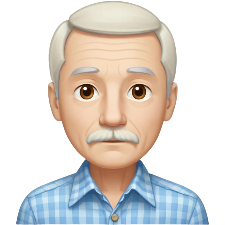 Skinny man in his 70s with fair skin. Long narrow face. Gentle light brown eyes. Fine straight white hair with light bangs, hair length extends below the ears. Thin eyebrows. White goatee connected to mustache. Slender appearance. Wearing a light blue and beige checkered button-up shirt. emoji