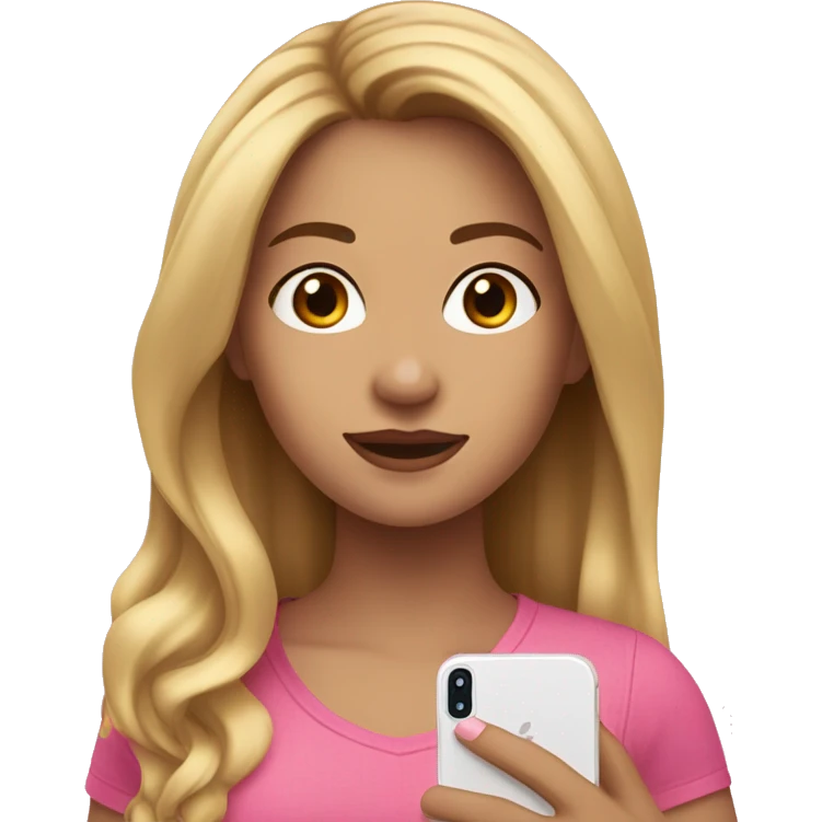 Girl with medium brown hair, a blonde strand in front, wearing pink with an iPhone 15 in her hand emoji