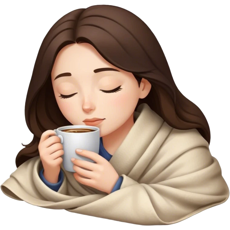girl inside a blanket sipping coffee eyes closed, brunette with fair skin emoji