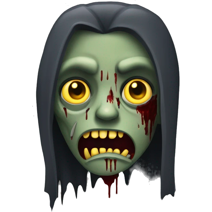 zombie vampire with a dark monochrome skin and a sad face with yellow and sharp teeth and blood and long hair covering the face emoji