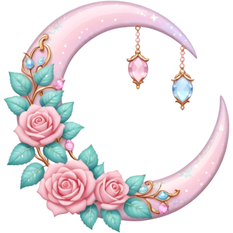 Rosy shiny glossy sparkly romantic pastel crescent damask moon with rose quartz pastel vines pastel gems pastel beads  emoji