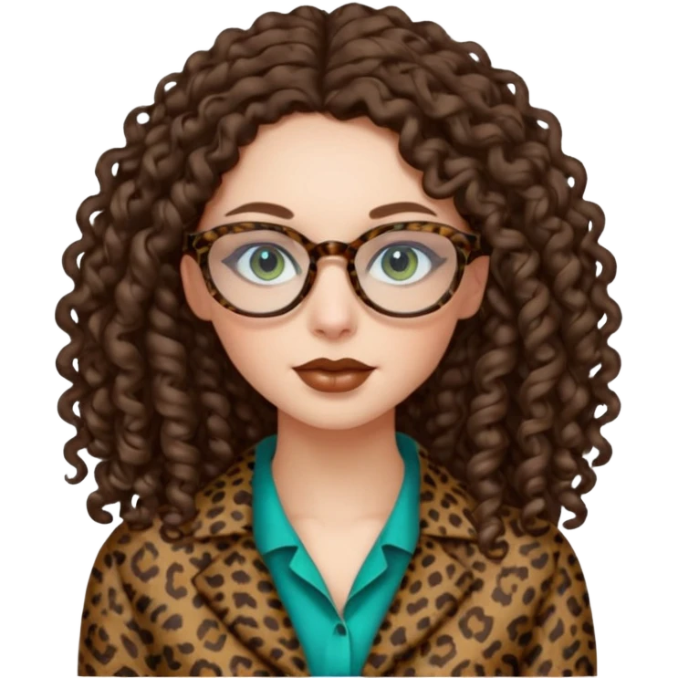 a blue green eyed woman with very very long brunette curly hair, full lips,and pale skin. She is wearing a leopard printed thin round-ish glasses . She is wearing brown clothes. emoji