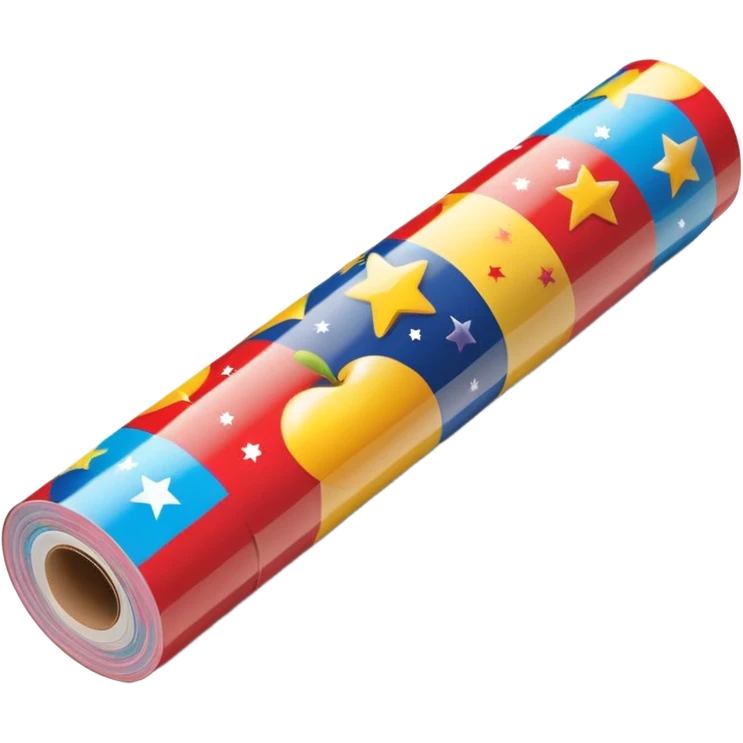long cylindrical roll of glossy wrapping paper, partially unrolled, colorful pattern with stars, stripes, festive motifs, smooth reflective finish, crisp edges, visible cardboard tube at center, no scissors tape or ribbon, apple emoji style, soft lighting, subtle shadows, emoji scale emoji