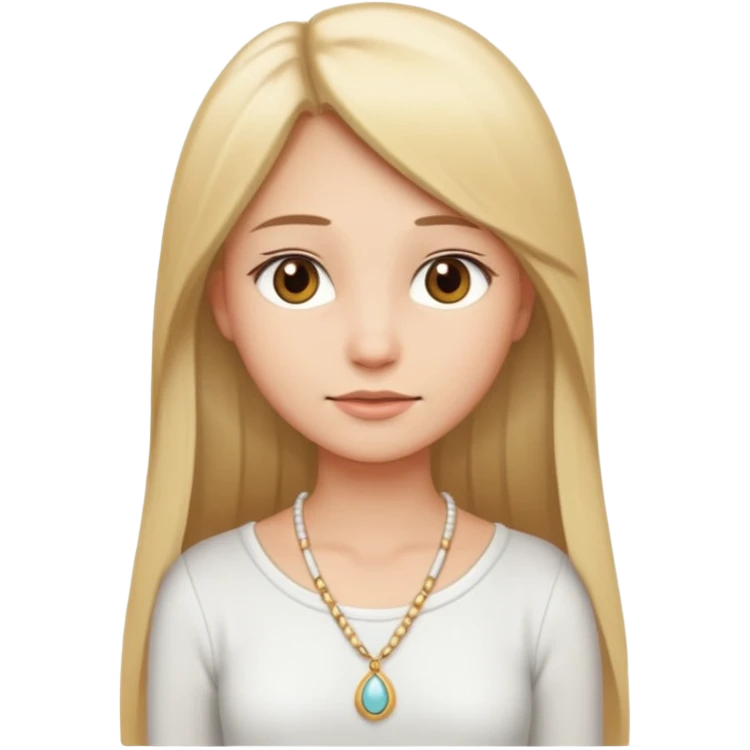 "Cartoon emoji of a girl with long, straight blonde hair, fair skin, soft brown eyes. Wearing a white top with a delicate necklace, serene expression, calm and peaceful. Smooth, simple, stylized." emoji