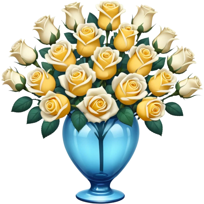 Large display of yellow and white roses in a blue vase. emoji