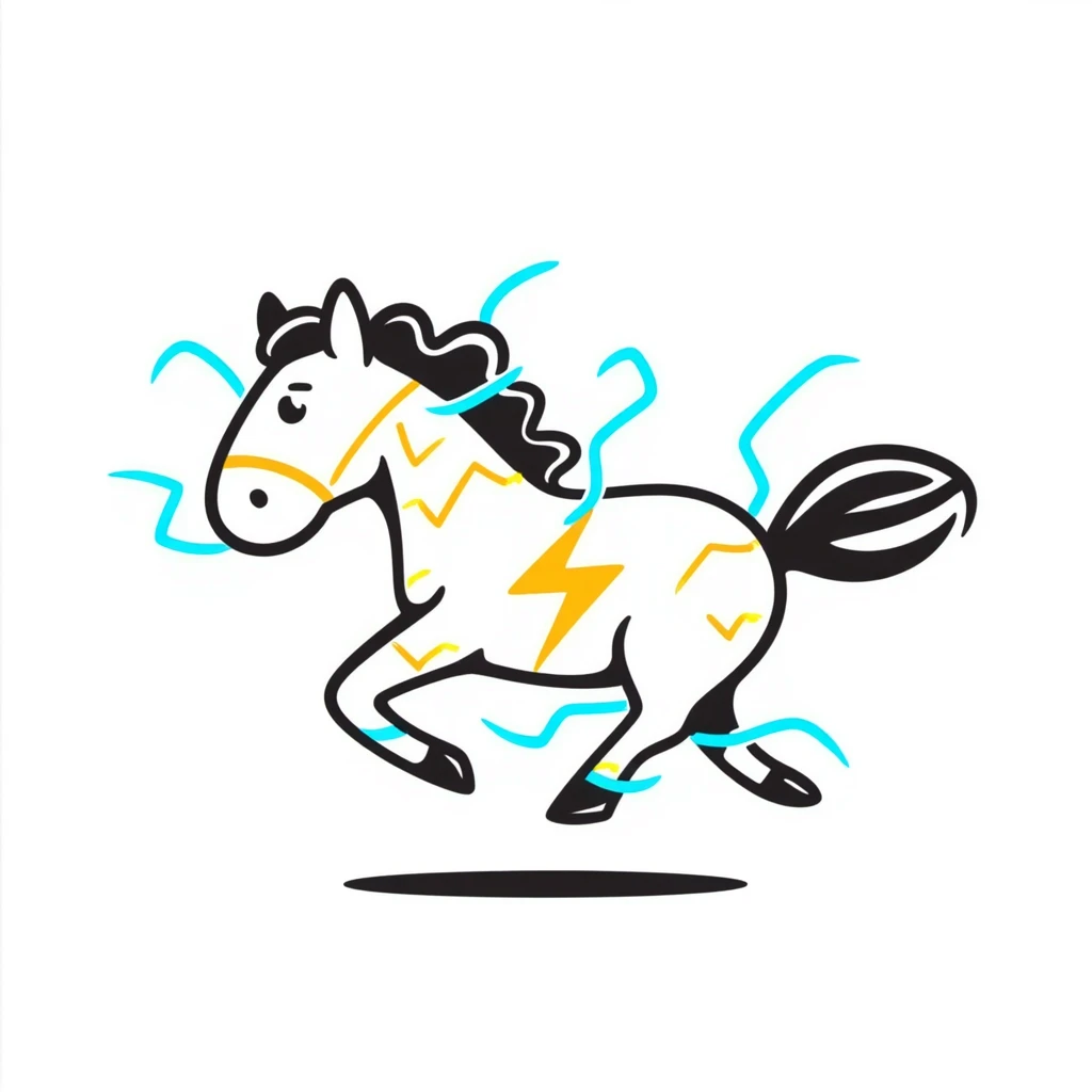 yellow fast electric horse made of electricity, bolts, visible yellow wires, lightning, blue electricity, dynamic pose emoji