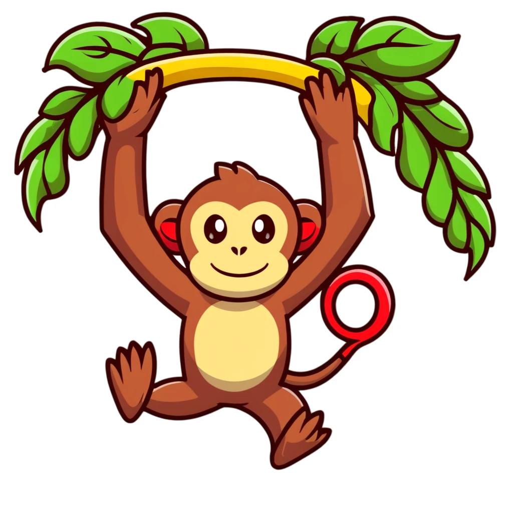 A surreal hybrid creature that is half monkey (top) and half banana (bottom). Green monkey with red facial features on top, and an opened banana peel forming the lower body. In a lush jungle environment with hanging vines and tropical foliage emoji