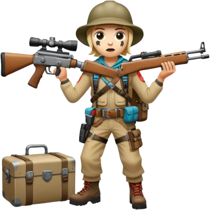 Yodeling mountain climber in Switzerland with a machine gun pointing to the right, full body, in the style of your bleeding skull art emoji