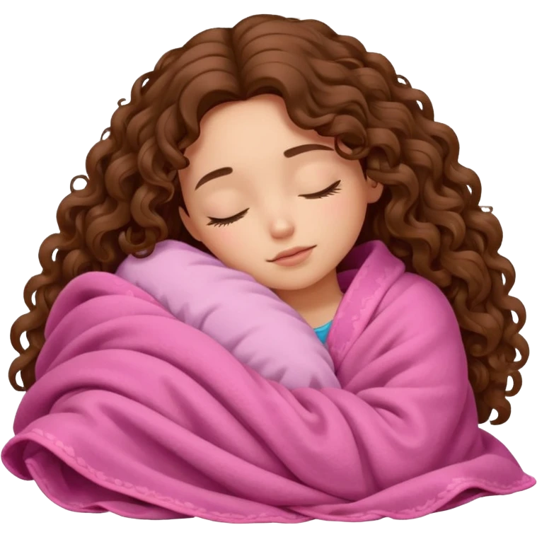 Girl with long curly hair sleeping with a pink blanket  emoji
