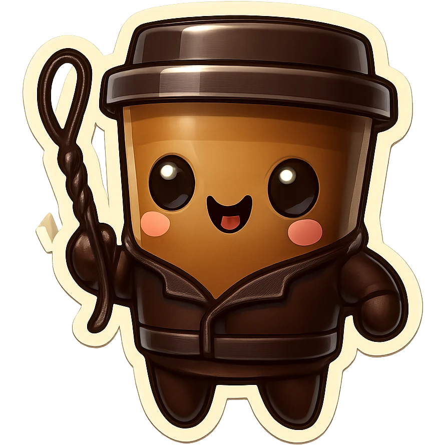 Tall coffee cup, dressed in leather holding a whipping crop emoji
