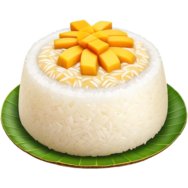 cinematic-realistic-mango-sticky-rice-dessert-emoji,-showcasing-sweet-sticky-rice out of a mould-paired-with-ripe-mango-slices-and-coconut-milk-rendered-with-lifelike-detail-and-warm,-inviting-lighting with the coconut  milk over the rice emoji