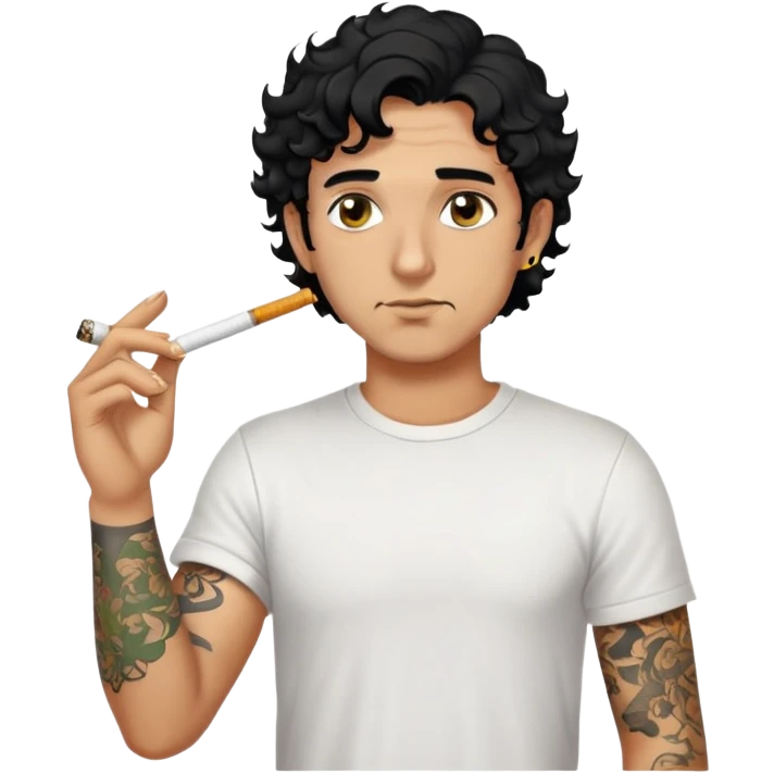 Italian man with tanned skin, curly black hair in short bob style, stubble, olive eyes, gold earring in left ear, white t-shirt, black tattoo on forearm, smoking cigarette emoji