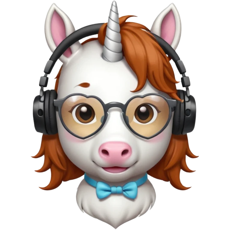 headphone wearing white unicorn with dark ginger hair and heart shaped spectacles emoji