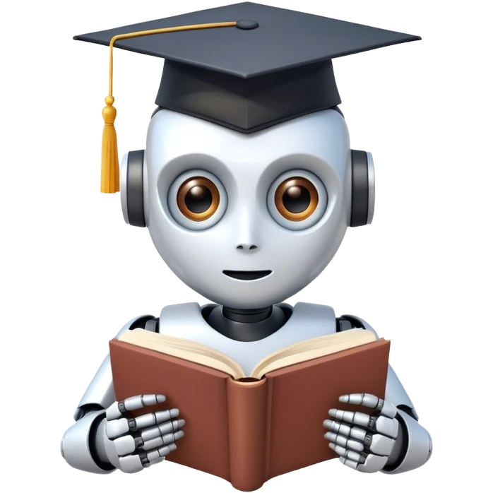 Ai  robot reading a big book with graduation head emoji