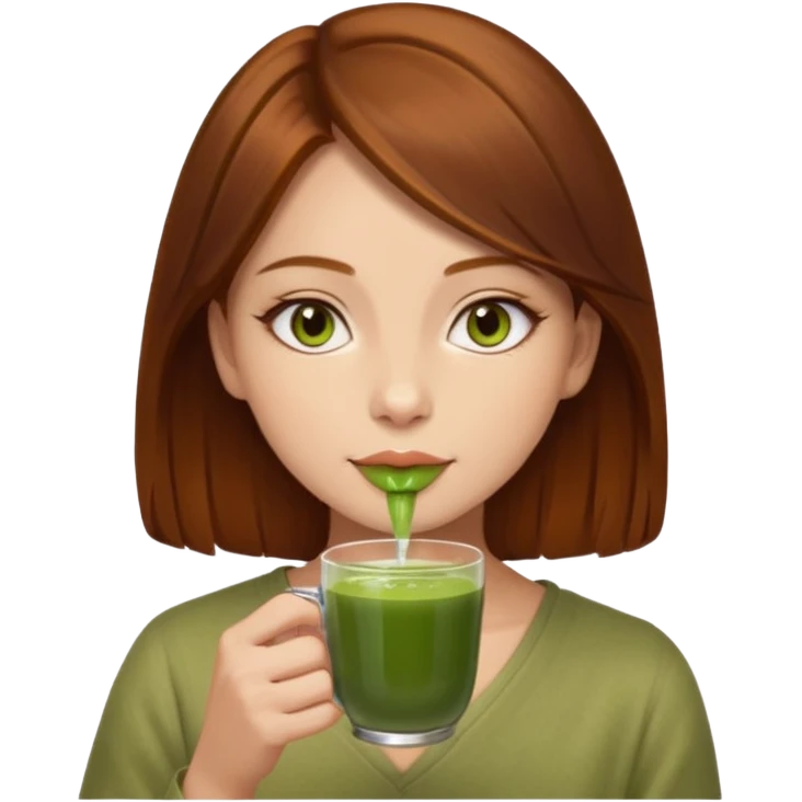 beautiful brunette with a slightly auburn hair color, with dark hazel eyes (let's call her kami), sipping matcha emoji
