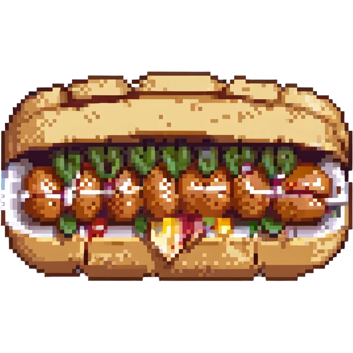 pixel art of a chipa split open with a sausage inside, fun and silly emoji